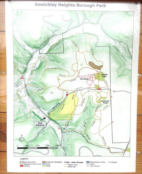 Park trail map located at the upper parking lot (red block). Note the terrain is one big hill, with the parking lot at the top for reference when on trail.
