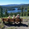 Furry hikers take in the view of Serene Lakes from an outlook along the Bogus Basin Trail.