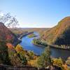 The Delaware Water Gap comes alive in the autumn. Interstate 80 (seen below and on the left side of the Delaware River) puts drivers right in the action.