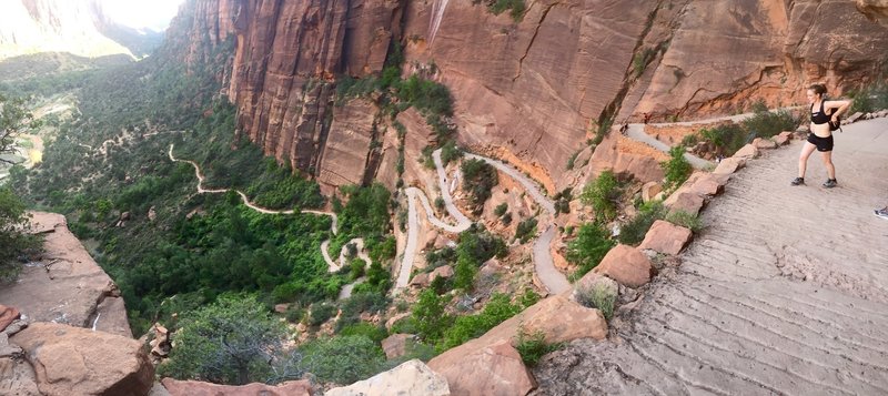 A hiker finishes the first set of switchbacks on the West Rim Trail.