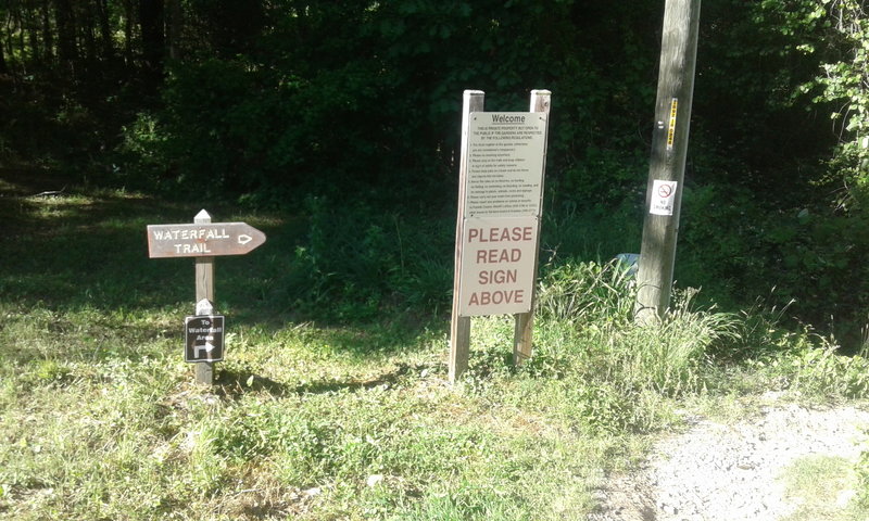 The entrance to the Waterfall Trail is marked by this signage.