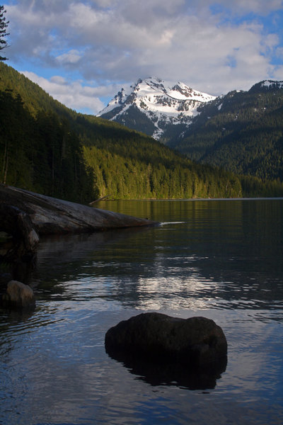 Johnson Peak glimmers on the surface of Packwood Lake in the late afternoon light.