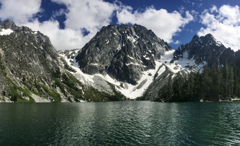 Views of the jagged Dragontail Peak across Colchuck Lake.