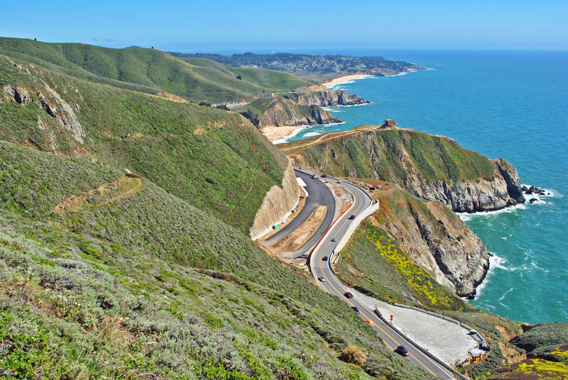 Remnants of Old Half Moon Bay - Colma Road cut into rocks above Highway 1. You can see it from the bottom of the picture to where it is cut above HWY 1 in distance beyond Gray Whale Cove
