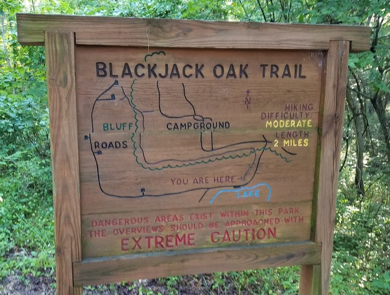 Blackjack Oak Trailhead is marked by this big wooden sign.