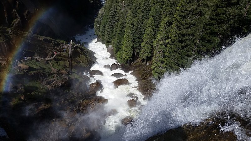 Looking down from the top of Vernal Fall. (Mist Trail on left)