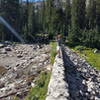 This rock dam at Lower Red Pine Lake was built in the 1920's.