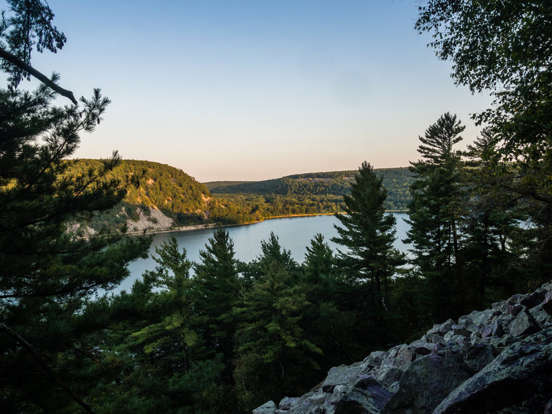 A view of the lake and the East Bluff near sunset.