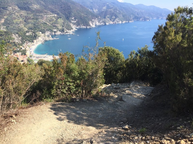 Looking down at the beaches of Monterosso. The descent is steep... starting as a trail and quickly becoming steps.