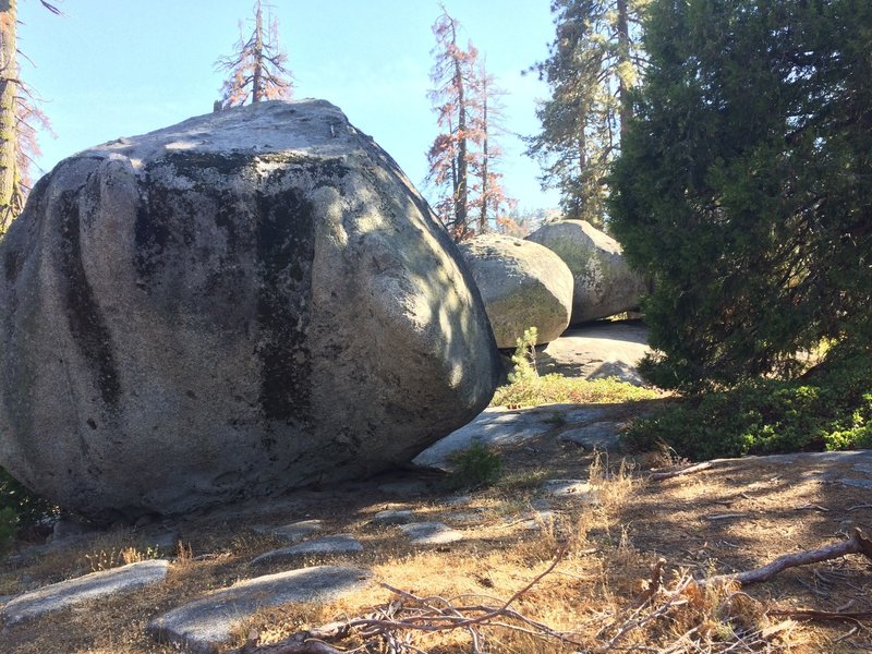 Trail winds along huge granite bounders