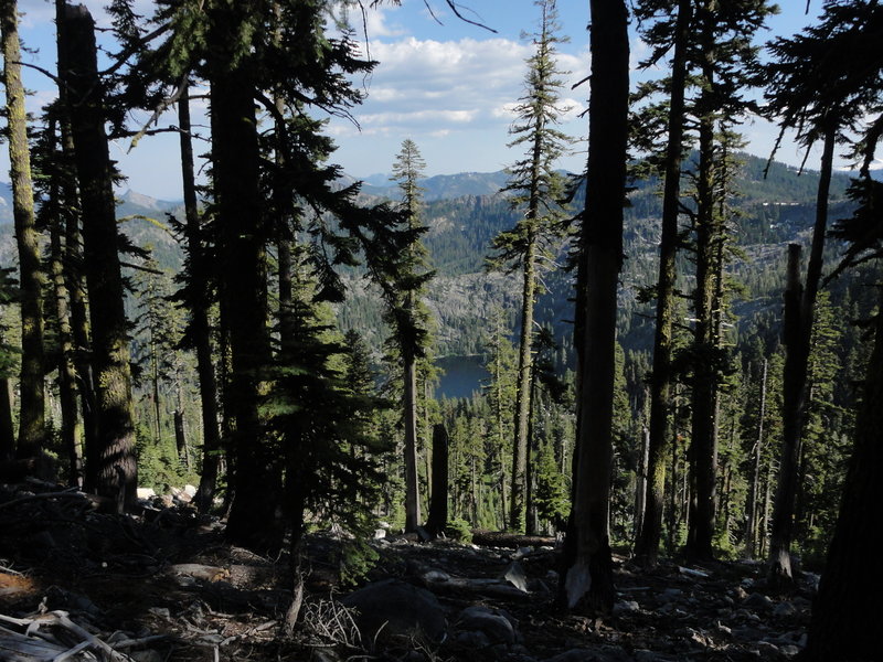 View of Bingham Lake from crest of trail, looking down at steep descent