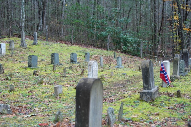 The Baskins Creek Cemetery, where families in the area buried their dead.  The confederate flag is by the grave of a soldier who fought for the Confederacy.