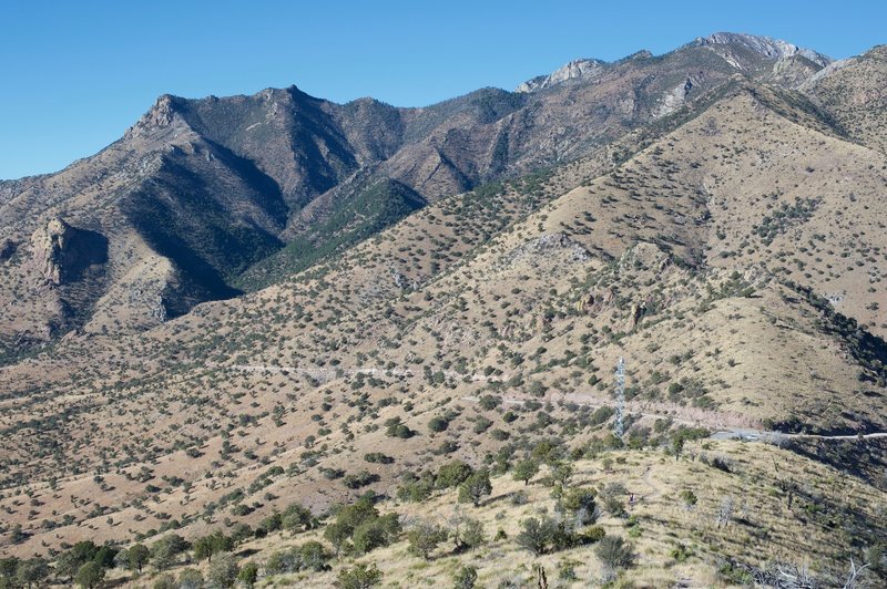 As West Montezuma Canyon Road crosses the ridge, you can see the parking lot at gap where the