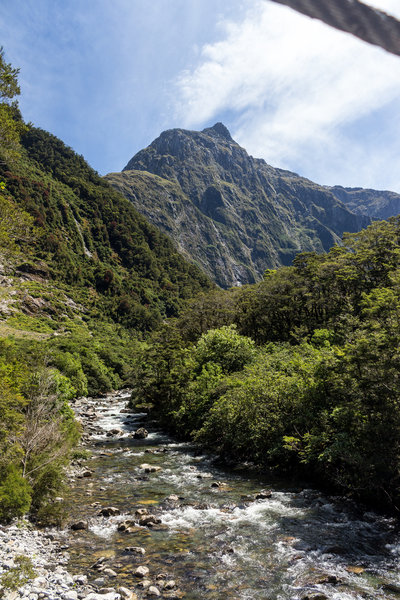 Arthur River and Twin Sisters from the first bridge on the Sutherland Falls Track