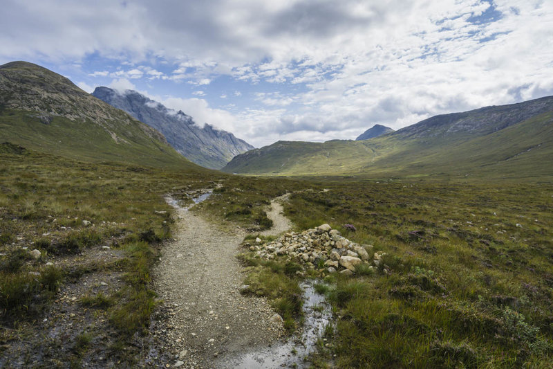 The singletrack through Glen Sligachan with towering mountains on either side and lochs in front of you is popular with hillwalkers and cyclists.