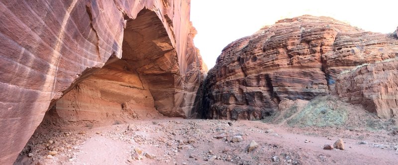 Looking back at Wire Pass after exiting it...it opens up into a large canyon that leads to Buckskin Gulch and there are some petroglyphs near the base of the left of the arched roof!