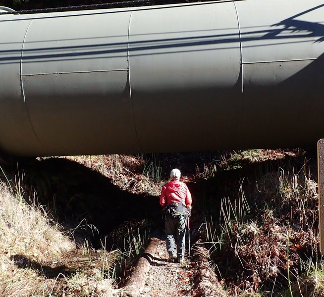 The trail goes under a penstock