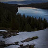 Looking out at Cascade Lake and Lake Tahoe shortly before sunset.