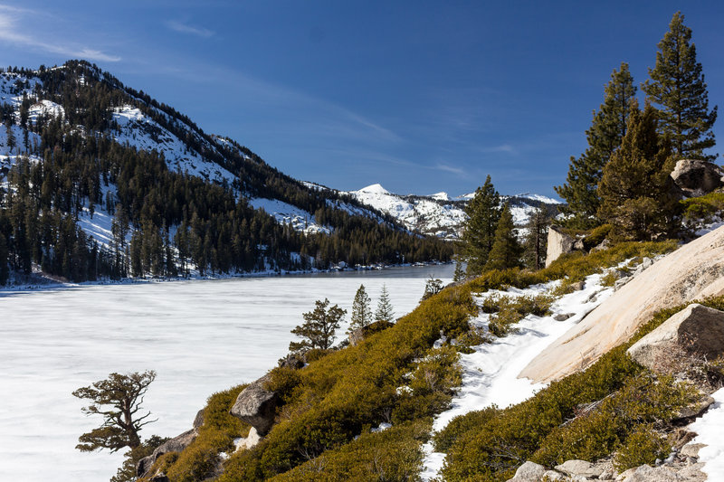 Partly frozen Lower Echo Lake from Pacific Crest Trail / Tahoe Rim Trail