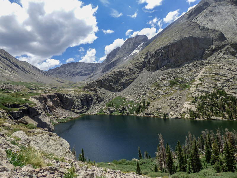 View of Lower Willow Creek Lake, the waterfall, and Kit Carson Peak
