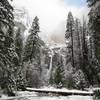 Lower Yosemite Falls in the snow.