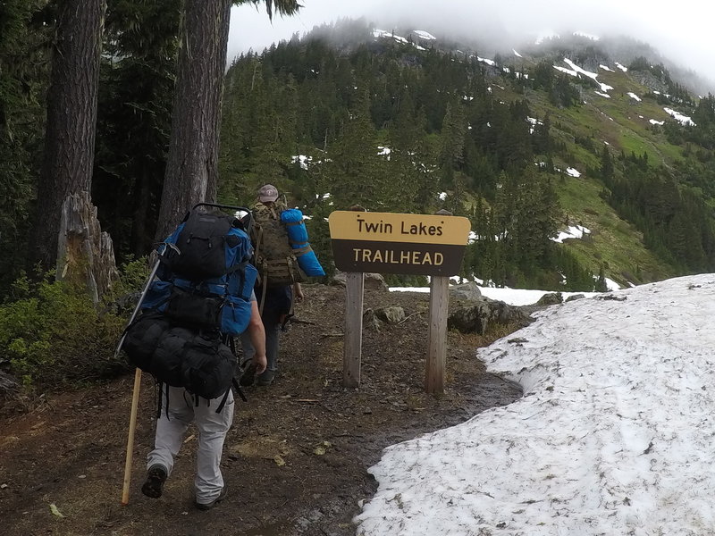Hiking on up to the Twin Lakes Trailhead (which is about two feet under snow).