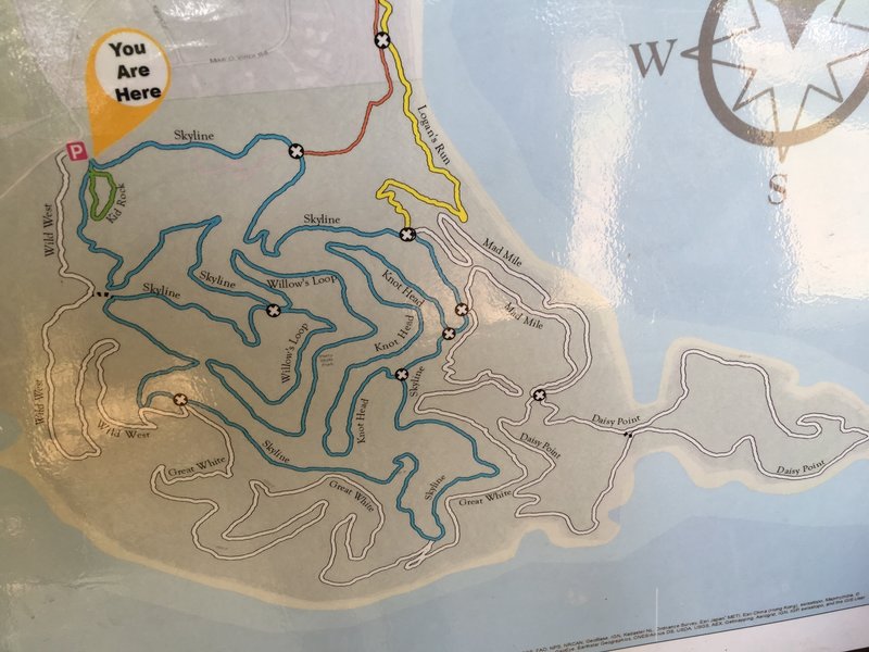 Map on the board at the parking lot. Note that two trails continue north out of frame.