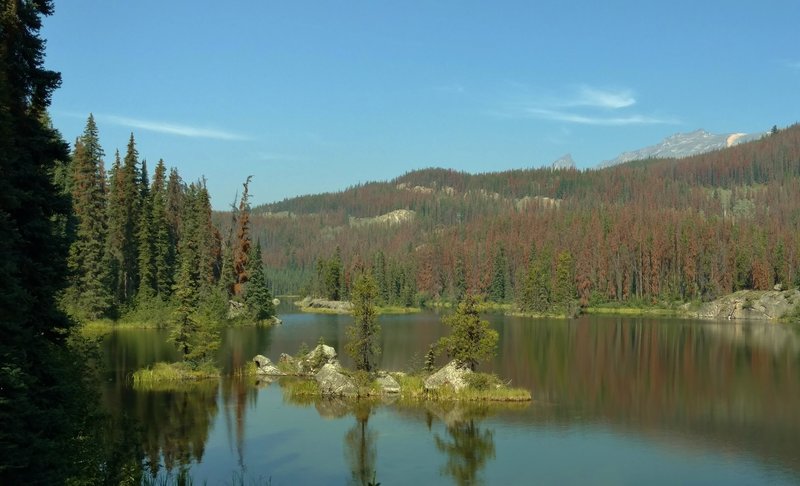 Christine Lake is at the end of the Dorothy, Christine and Virl Lakes Trail, looking northwest across the lake.