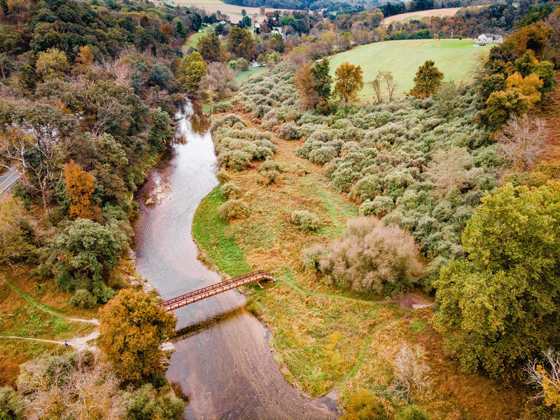 Drone image of one water crossing along the trail.