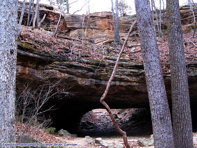 Ha Ha Tonka's natural bridge once carried a roadway and is the remains of a cave passage that collapsed on either side of it.  The Colosseum Trail goes under, then loops around and over the bridge.  About:  37.974169, -92.763421.