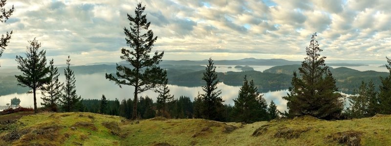 West Sound, Strait of Juan de Fuca (very far distance), Shaw Island, Deer Harbor area of Orcas Island with San Juan Island behind, and Vancouver Island in distance (left to right/south to west 90 degree panorama) from the West Overlook.