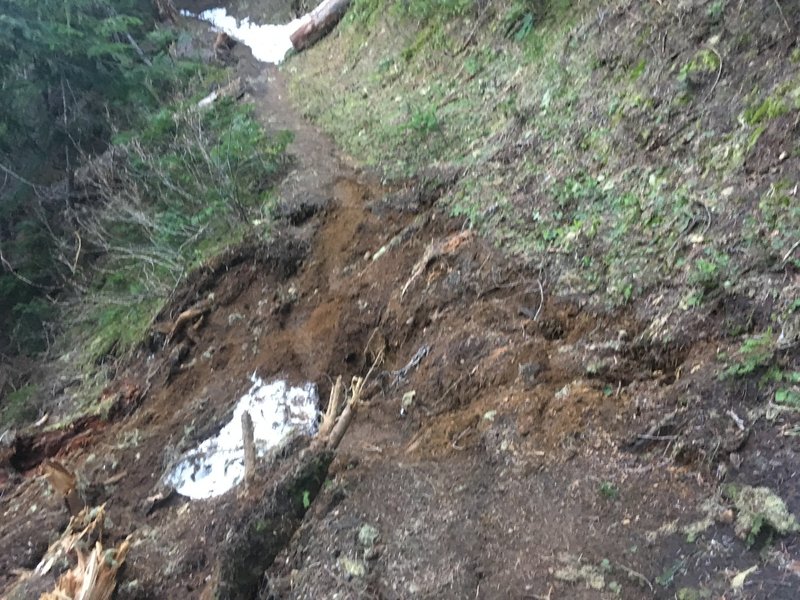 A small section of the trail is washed out when you hit snow. It is not difficult to pass.