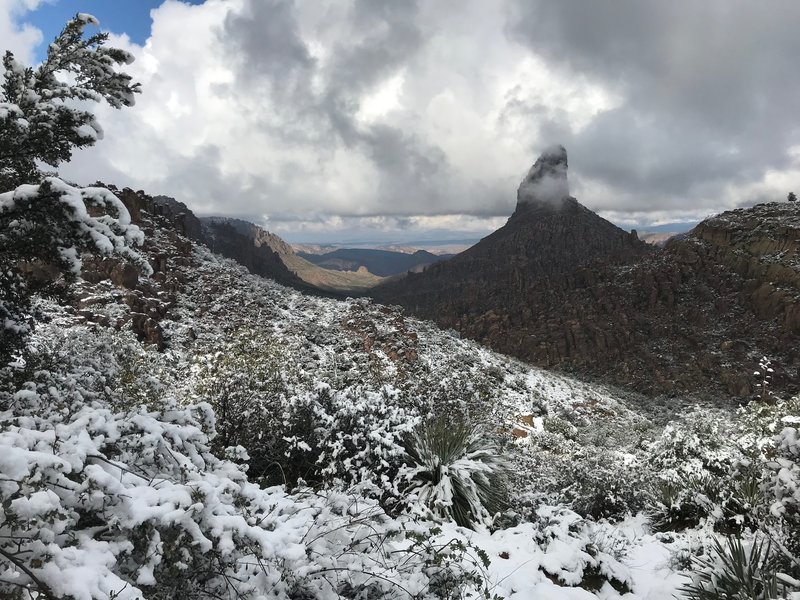Snowy view from Fremont Saddle to Weavers Needle.