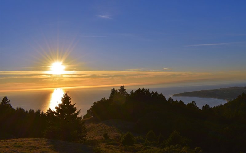 Bolinas and the Pacific Ocean, Farralon Islands in sunset. From Bare Knoll off of Matt Davis Trail.