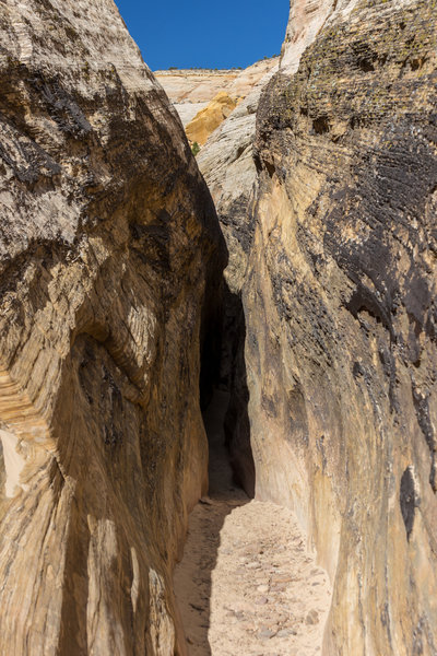 The beginning of one of the very narrow slot sections in Burro Wash.