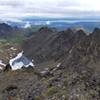 View from Temptation Peak looking north with Ship Creek to the right and Snowhawk valley to the left.