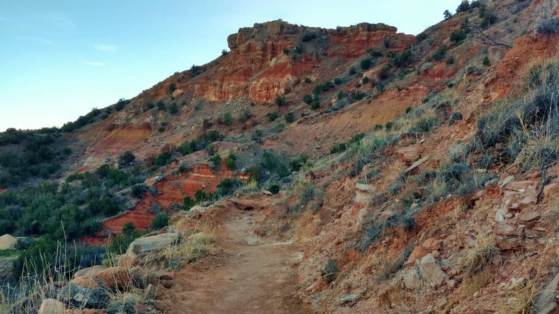 Red rock formations on the canyon walls can be seen from the CCC Trail as it drops down into the canyon.