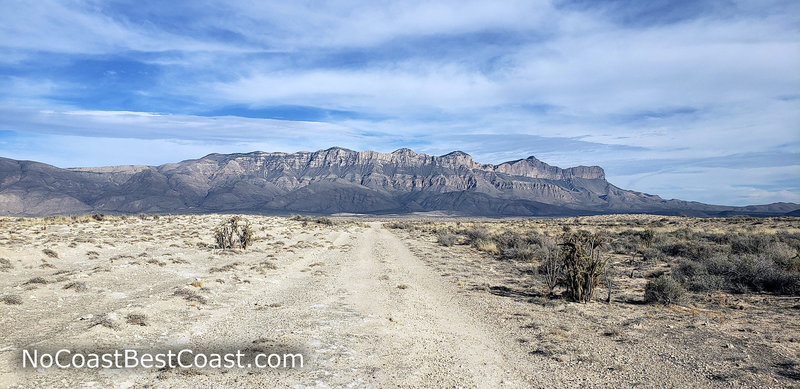 Looking east towards the Guadalupe Mountains at the start of the Salt Basin Dunes Trail.