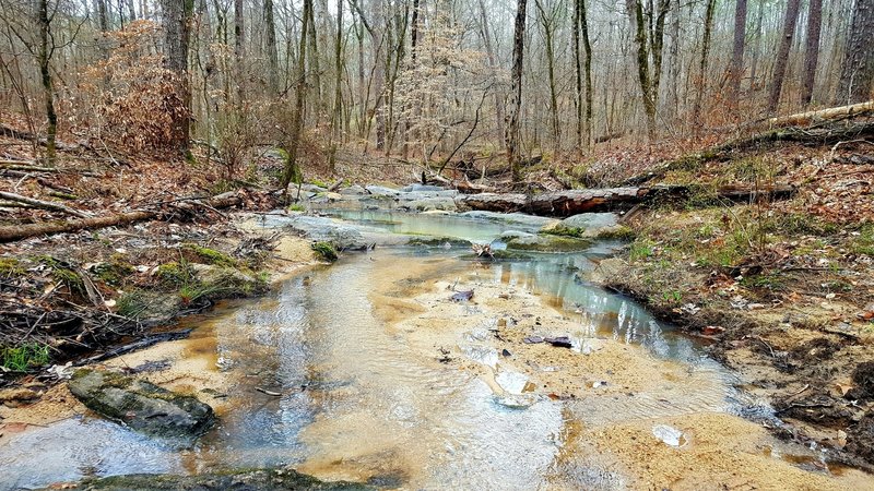 What mineral is causing the cloudy white appearance of the streams seen on this trail?