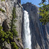 Upper Yosemite Falls through the trees on Yosemite Falls Trail.