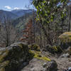 Granite boulders at intersection of Wonder Trail and Fell on Knee trail. View of snow covered Mt. Ashland in distance.