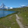 Stellisee at 2540m / 8333ft high, with Matterhorn view, surrounded by wildflowers.