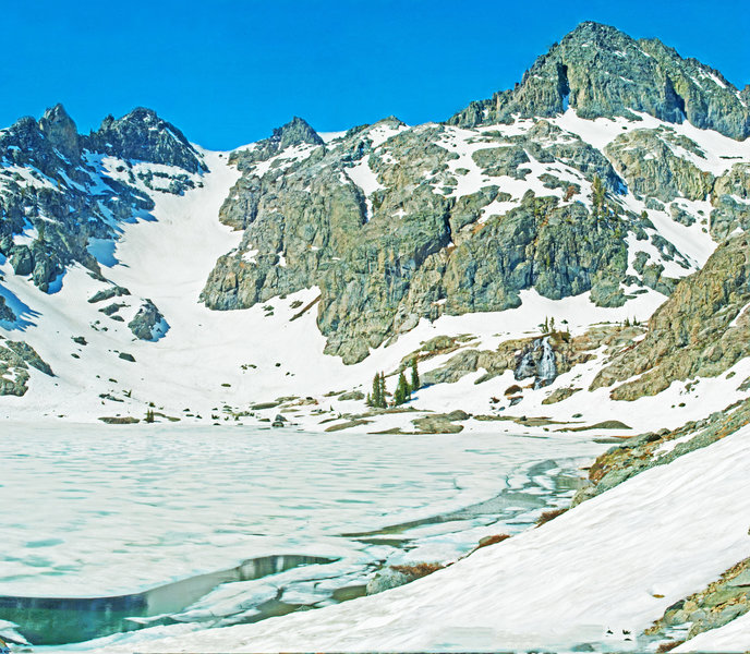 Ashley Lake and Iron Mountain, with permanent snow field on the left.