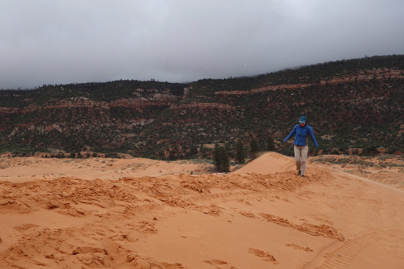 Hiker caught in a late spring hail storm at Coral Pink Sand Dunes SP