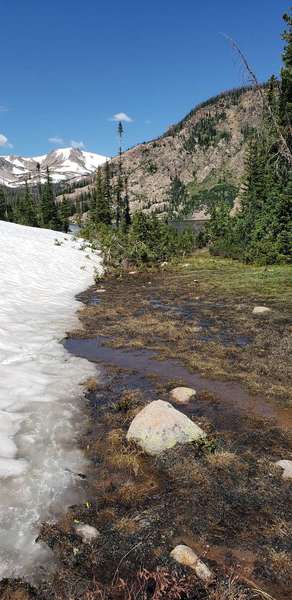 Huge snowpacks blocking the trail, even in late July. Able to walk on top to get the lake shore, but very slippery. We did not make it to the furthest side of the lake due to snow.
