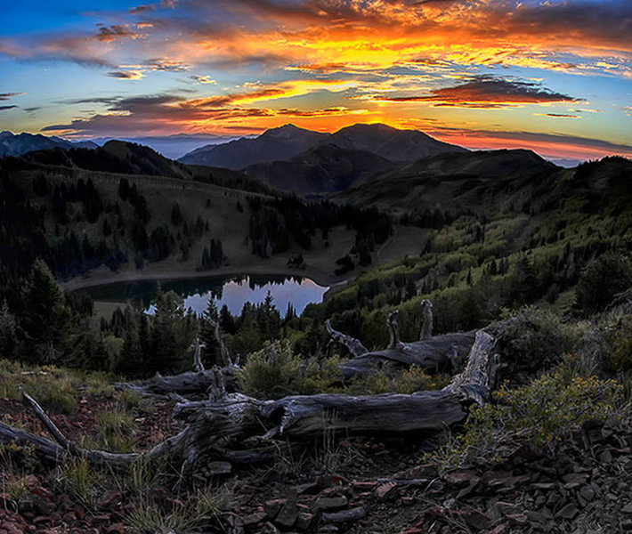 Sunset above an alpine lake.