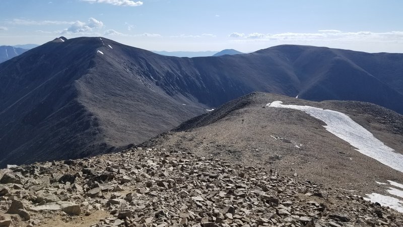 On the way down from Democrat. High peaks in the mid-ground are 14ers Lincoln and Cameron closely grouped on the left and Bross slightly lower on the right.