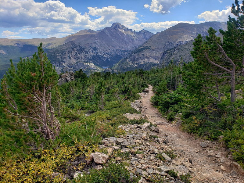 Flattop Mountain Trail with Longs Peak in the distance.