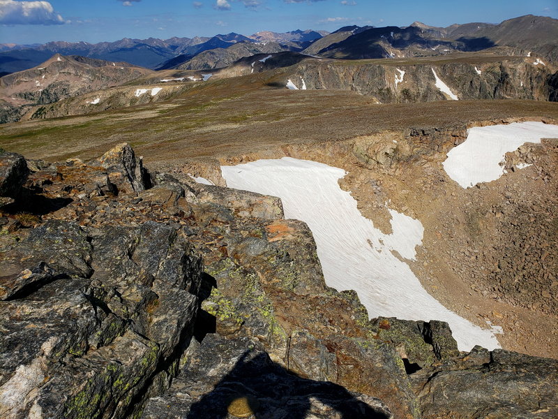 View of Flattop Mountain and Tyndall Glacier from the summit of Hallett Peak