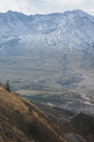 Three mountain goats give scale to Mount Saint Helens (white dots, lower right)